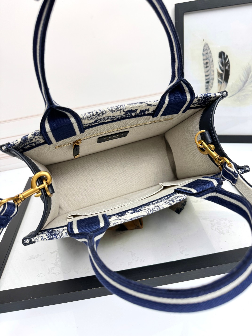 Small Dior Book Tote Bag White and Navy Blue Toile de Jouy Sauvage Embroidery with Navy Blue Calfskin